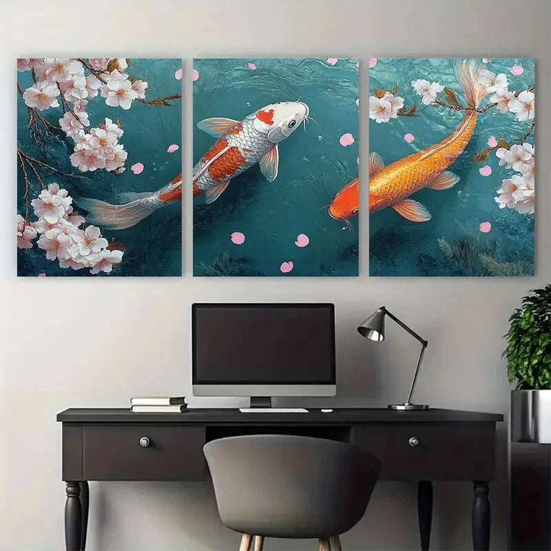 3pcs Koi Carp Cherry Blossom Illustration Metal Print Ready to Hang Art - Bella Home Decor