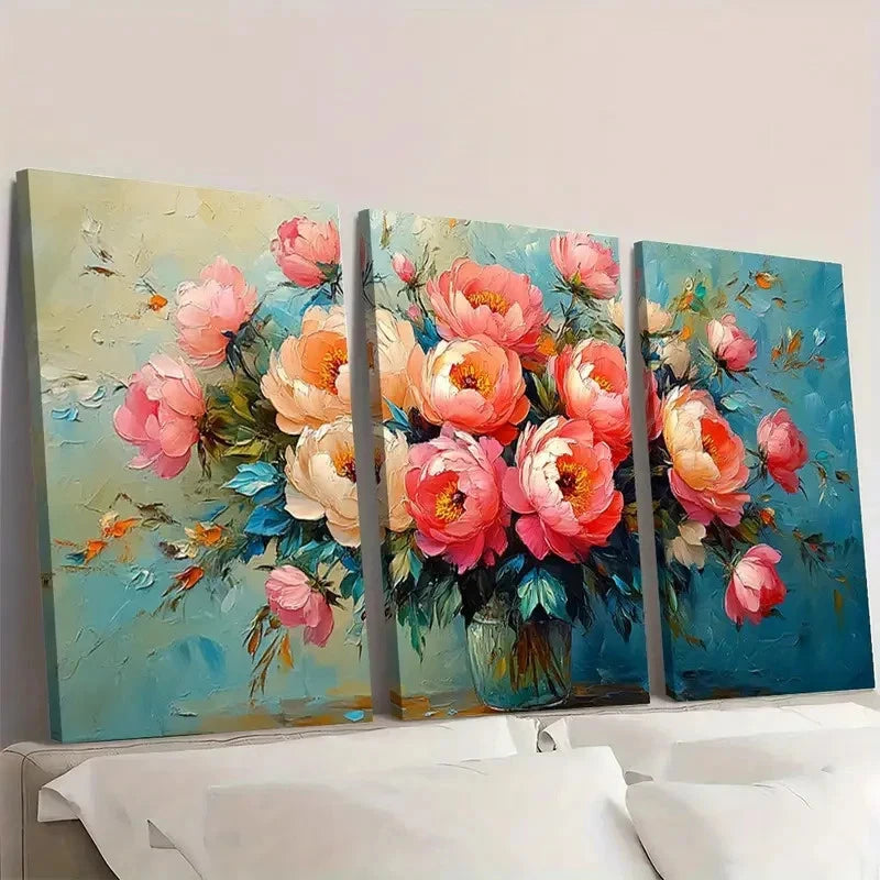 3pcs Peony Painting Floral  Roses Bouquet PF   Water Reflections Framed Wall Art Set Canvas Framed 50x70cm - High Quality Print 100% Australian Made Wall Canvas Ready to Hang