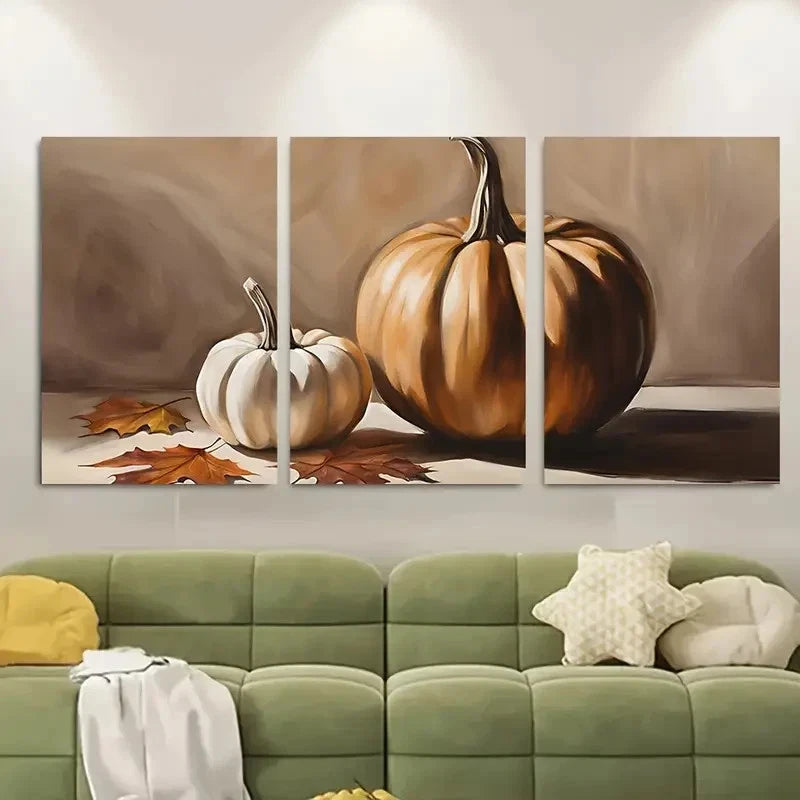 3pcs Realistic Pumpkin & Leaf Design Metal Print Ready to Hang Art