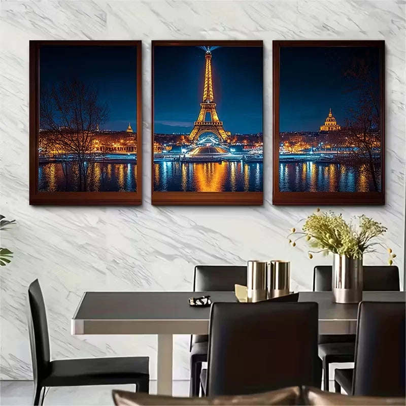 3pcs Eiffel Tower at Night Parisian Cityscape Metal Print Ready to Hang Art - Bella Home Decor