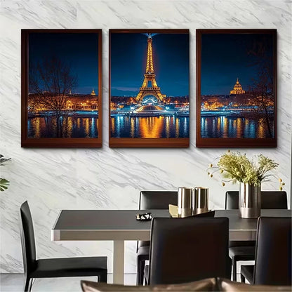 3pcs Eiffel Tower at Night Parisian Cityscape Metal Print Ready to Hang Art - Bella Home Decor