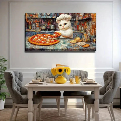 White Cat Chef Pizza Wall Art Canvas Office Home Room Framed 120x60cm