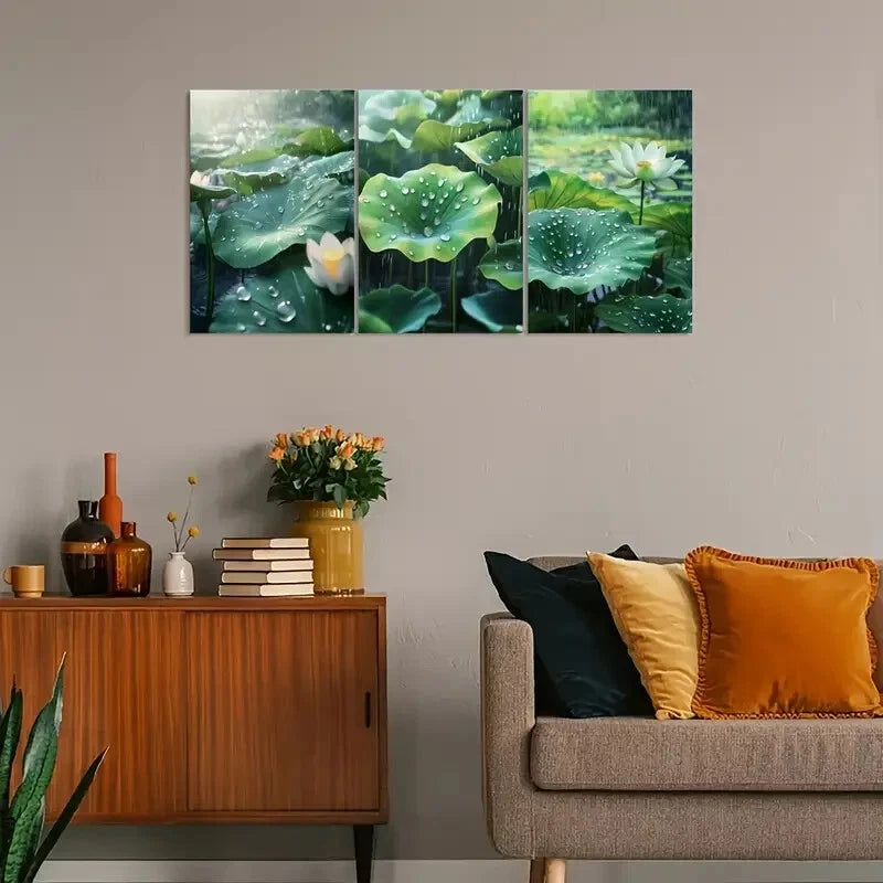 3pcs Vintage Lotus & Raindrop Design Metal Print Ready to Hang Art - Bella Home Decor