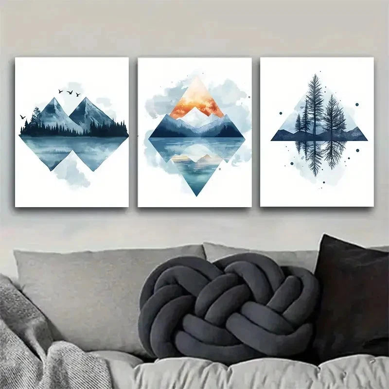 3pcs Geometric Mountain Forest Triptych Metal Print Ready to Hang Art - Bella Home Decor