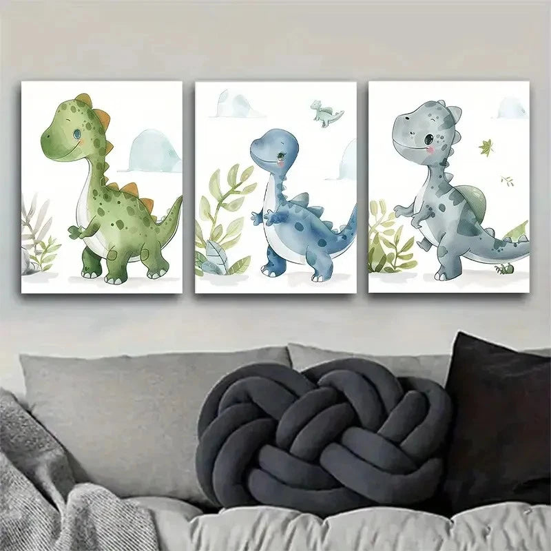 3pcs Adorable Dinosaur Painting Triptych Metal Print Ready to Hang Art - Bella Home Decor
