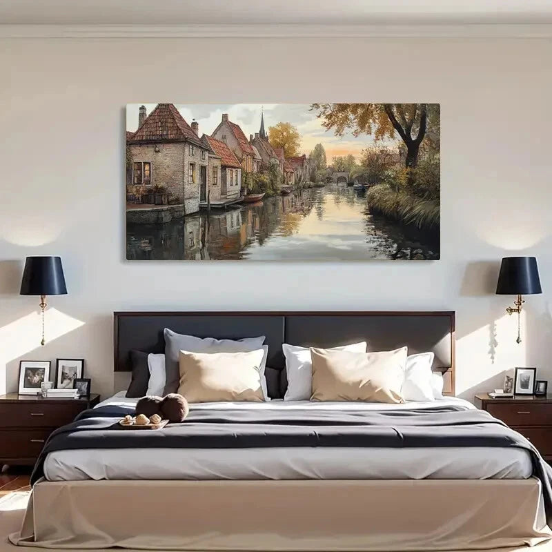 Autumn Canal Houses Peaceful Wall Art Canvas Office Home Room Framed 120x60cm - Bella Home Decor