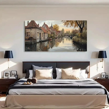 Autumn Canal Houses Peaceful Wall Art Canvas Office Home Room Framed 120x60cm - Bella Home Decor