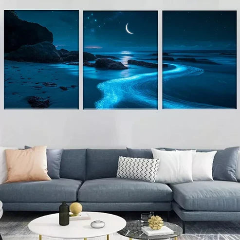 3pcs Mystical Ocean Moonlit Bioluminescent Beach Wall Art Canvas Unframed - High Quality Print 100% Australian Made Wall Canvas
