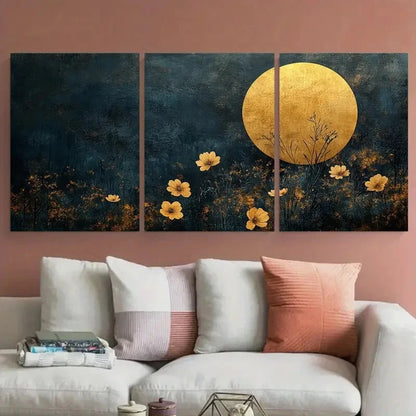 3pcs Minimalist Golden Circle Dark Floral Design Metal Print Ready to Hang Art - Bella Home Decor