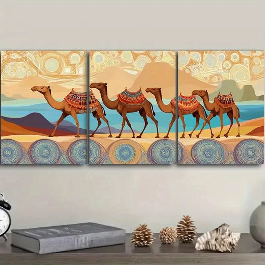 3pcs Decor with Camels, Dunes & Sunset Metal Print Ready to Hang Art