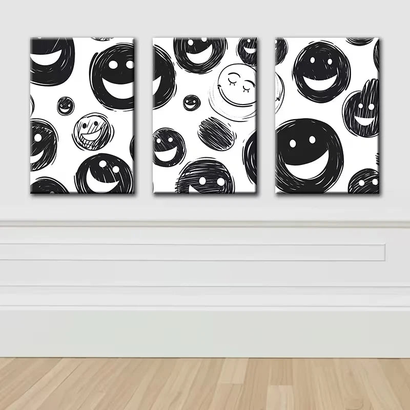 3pcs Joyful Face Illustration Wall Art Set Canvas Framed 50x70cm - High Quality Print 100% Australian Made Wall Canvas Ready to Hang