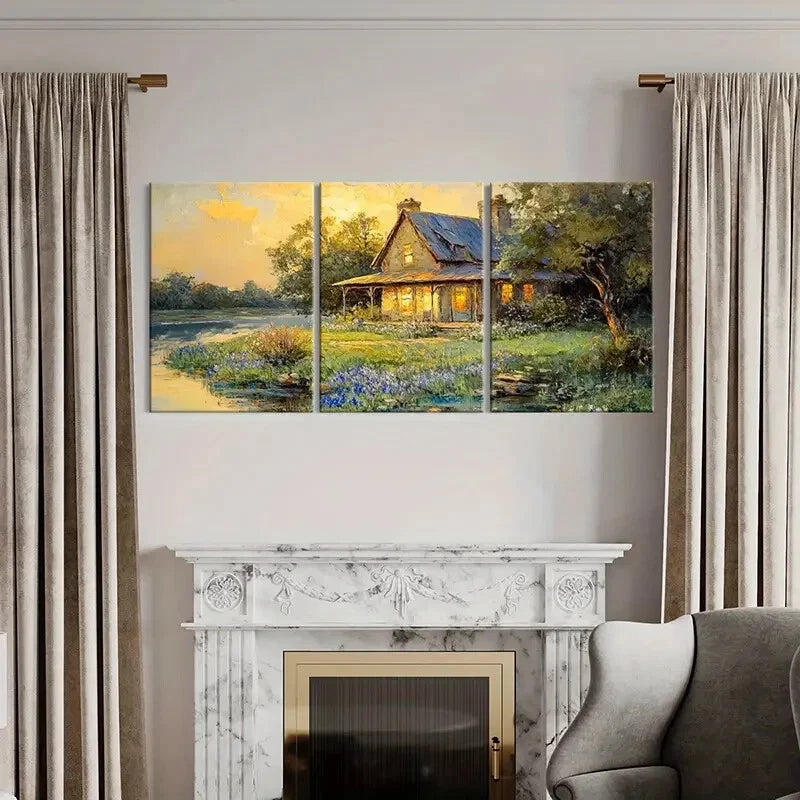 3pcs Rustic Cottage Warm Lighting Floral Garden Metal Print Ready to Hang Art - Bella Home Decor