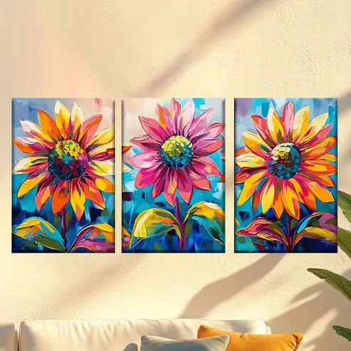 3pcs three flowers on blue background Wall Art Set Canvas Unframed - High Quality Print 100% Australian Made Wall Canvas