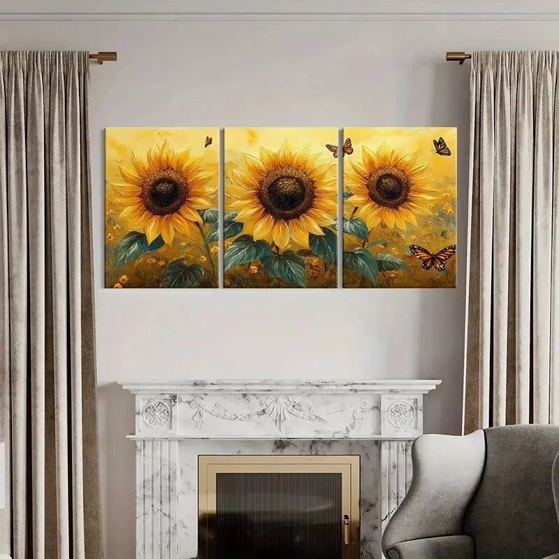 3pcs Sunflowers Butterflies Vibrant Colors Metal Print Ready to Hang Art - Bella Home Decor