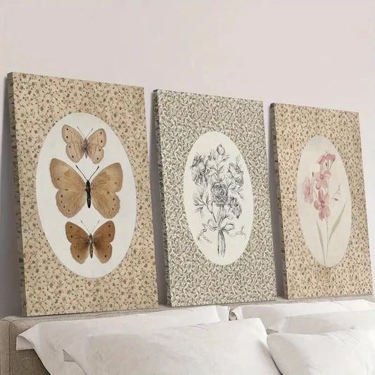 3pcs Vintage butterfly art, antique pink flower Wall Art Set Canvas Framed 40x60cm - High Quality Print 100% Australian Made Wall Canvas Ready to Hang