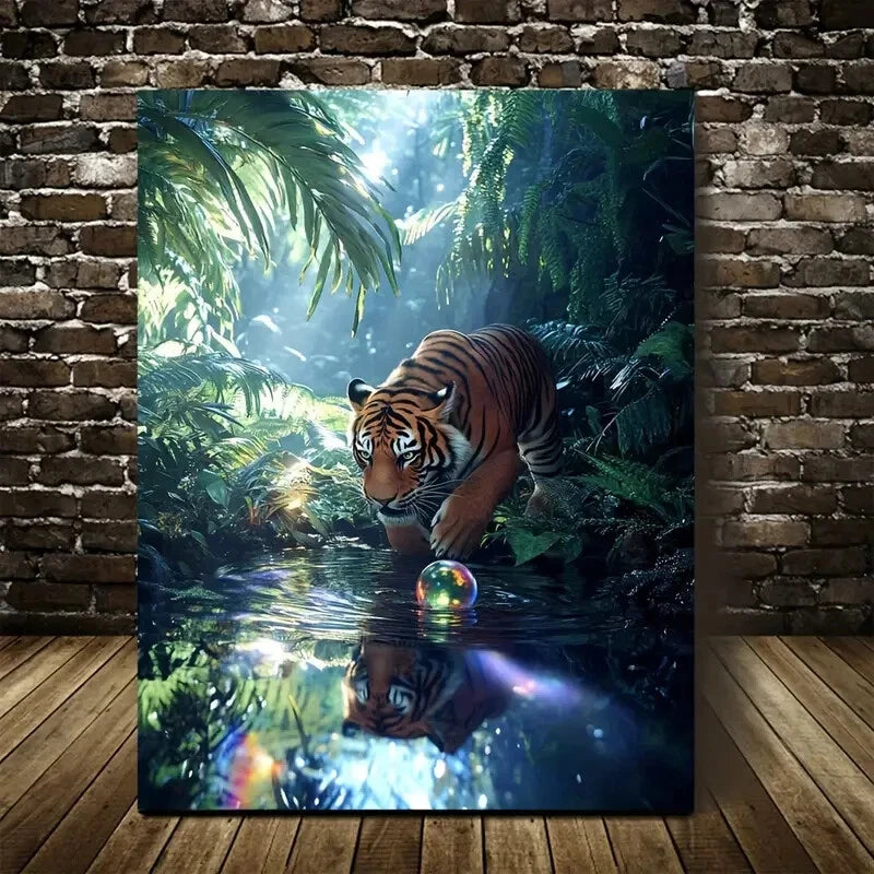 Scene of Tiger Playing with a Ball In a Deep Painting 40x60cm Metal Print Ready to Hang - Bella Home Decor