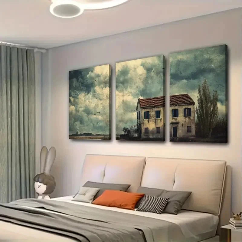 3pcs Venetian canal house under a stormy sky    Wall Art Canvas Framed 40x60cm - High Quality Print 100% Australian Made Wall Canvas Ready to Hang - Bella Home Decor