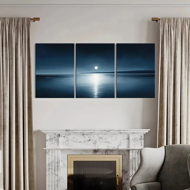3pcs Moonlit Ocean Skyline Waters Dark Sky Metal Print Ready to Hang Art - Bella Home Decor