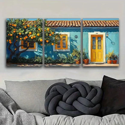 3pcs Orange Tree In Front Of A Blue House Wall Art Canvas Unframed - High Quality Print 100% Australian Made Wall Canvas