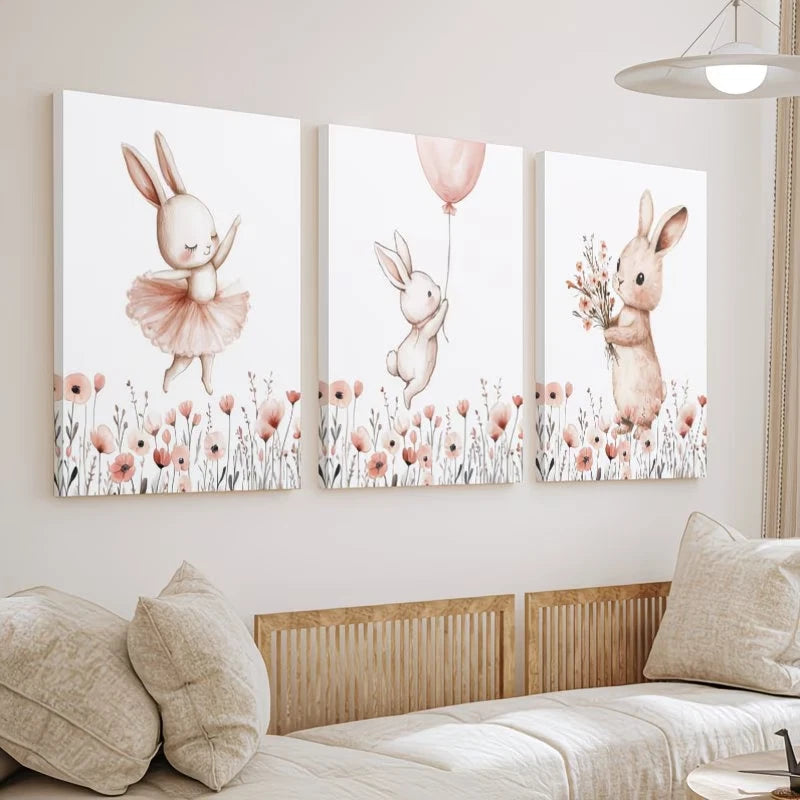 3pcs Pink Bunny with Wildflowers Wall Art Set Canvas Framed 50x70cm – High Quality Print, 100% Australian Made Wall Canvas, Ready to Hang
