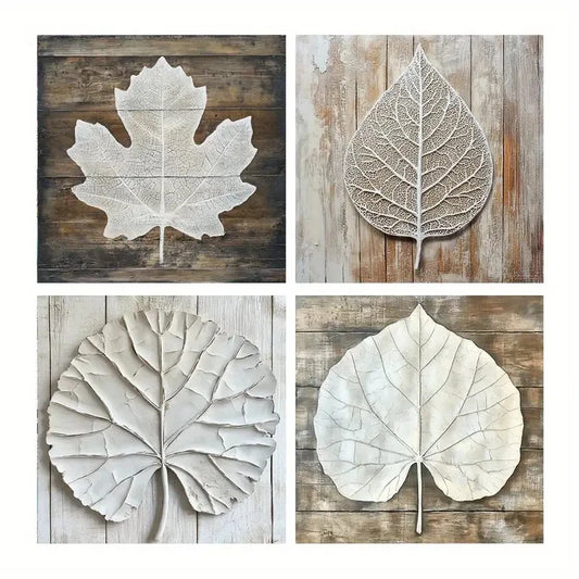 4pcs White Leaf Wall Art Canvas Framed