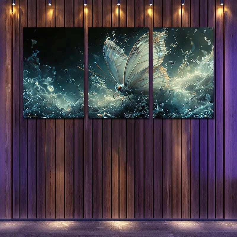 3pcs Crystal Butterfly with water Splashes Metal Print Ready to Hang Art - Bella Home Decor