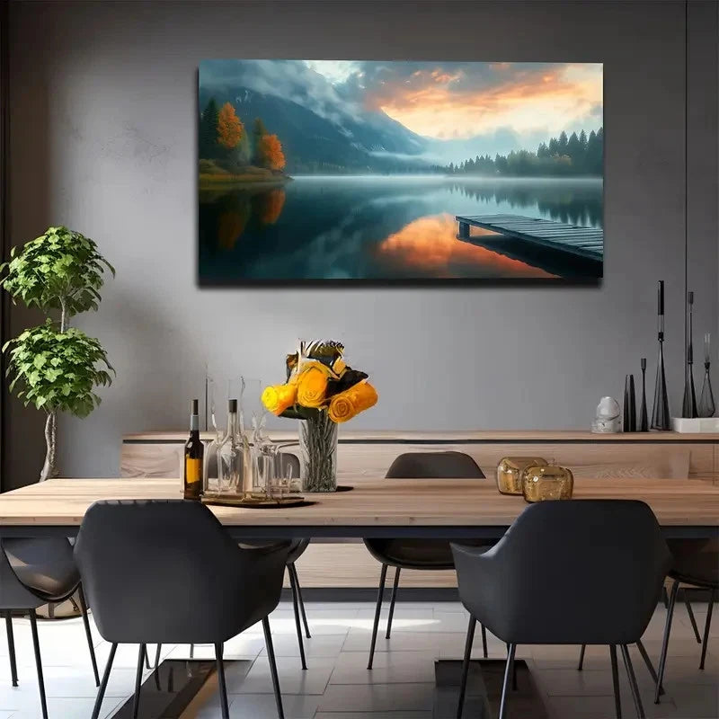 Forest Lake By The Side Wall Art canvas office home room framed 120x60cm