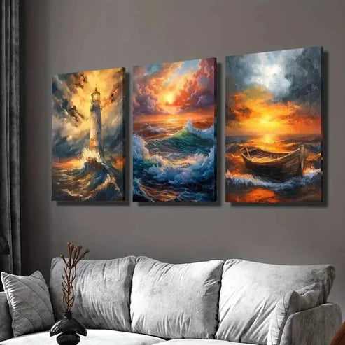 3pcs Lighthouse Landscape & Boat Portrait  Wall Art Set Canvas Unframed - High Quality Print 100% Australian Made Wall Canvas