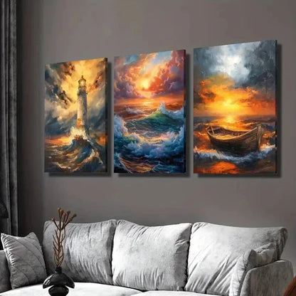 3pcs Lighthouse Landscape & Boat Portrait  Wall Art Set Canvas Unframed - High Quality Print 100% Australian Made Wall Canvas