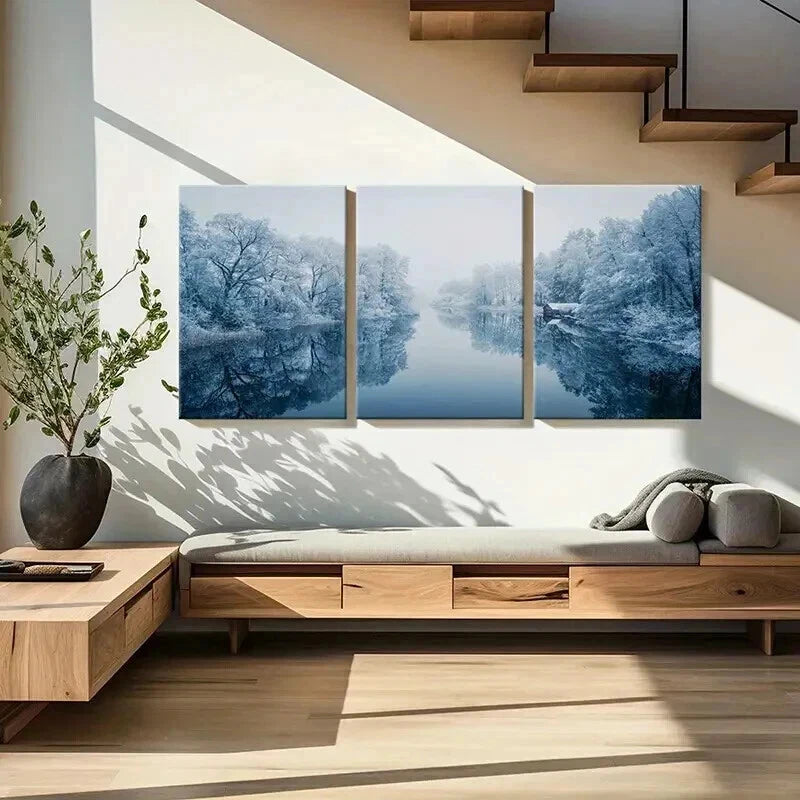 3pcs Winter Snow Scene River Tree Modern Wall Art Set Canvas Framed 50x70cm - High Quality Print 100% Australian Made Wall Canvas Ready to Hang - Bella Home Decor