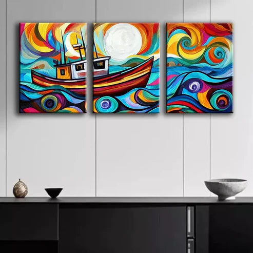 3pcs An Abstract Depiction Of A Fishing Trawler Wall Art Set Canvas Unframed - High Quality Print 100% Australian Made Wall Canvas - Bella Home Decor