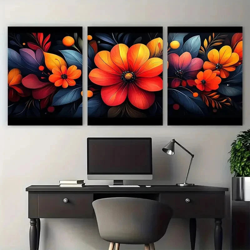 3pcs Vibrant Geometric Floral Pattern Metal Print Ready to Hang Art - Bella Home Decor