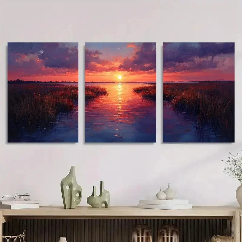 3pcs Marsh Sunset Painting Carolina Lowcountry Metal Print Ready to Hang Art - Bella Home Decor