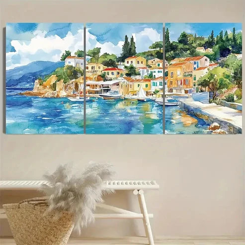 3pcs Greece Travel Greek Ionian Sea Coastal Wall Art Set Canvas Unframed - High Quality Print 100% Australian Made Wall Canvas - Bella Home Decor