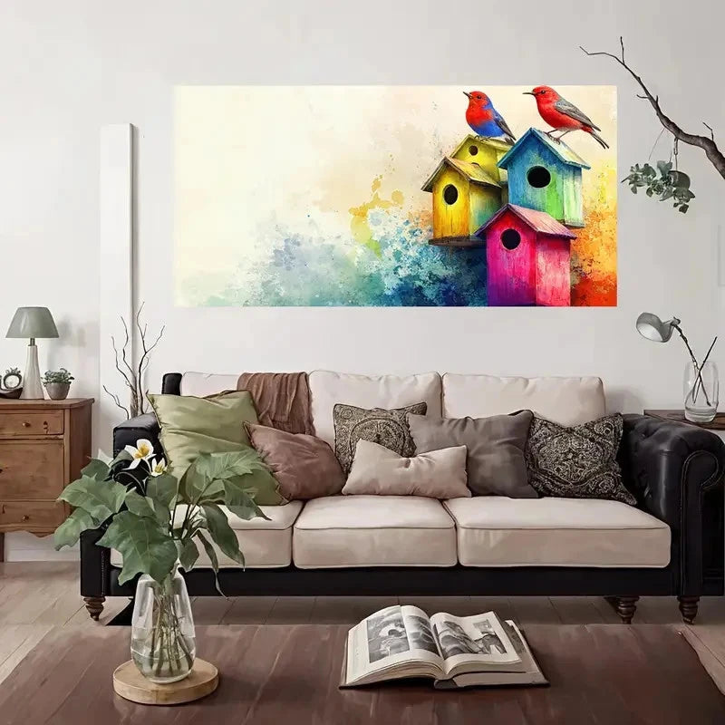 Colorful Birdhouses Wall Art Canvas Office Home Room Framed 120x60cm