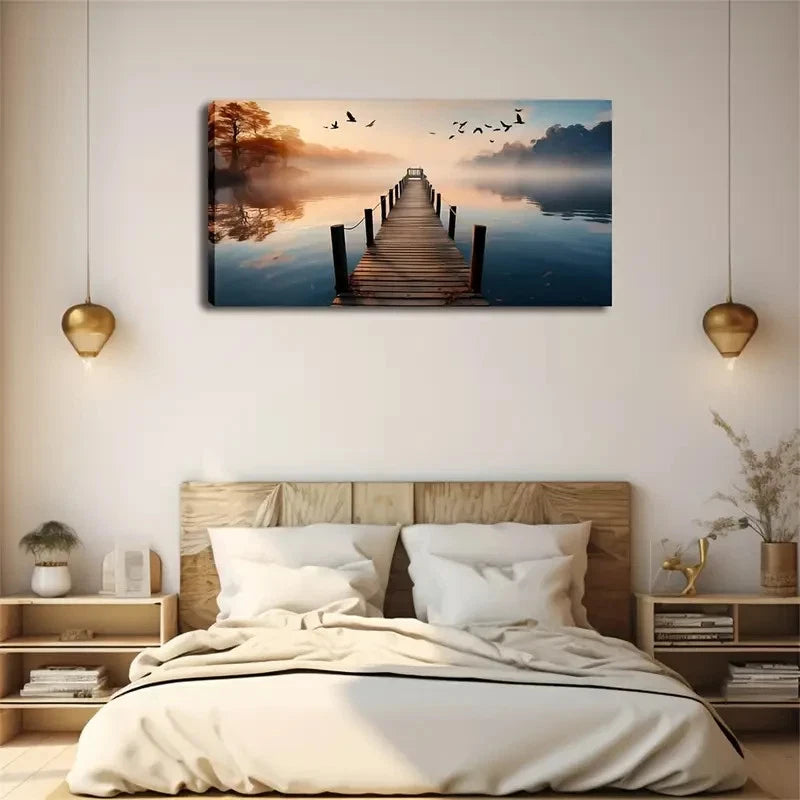 Serene Misty Bridge Landscape Wall Art Canvas Office Home Room Framed 120x60cm