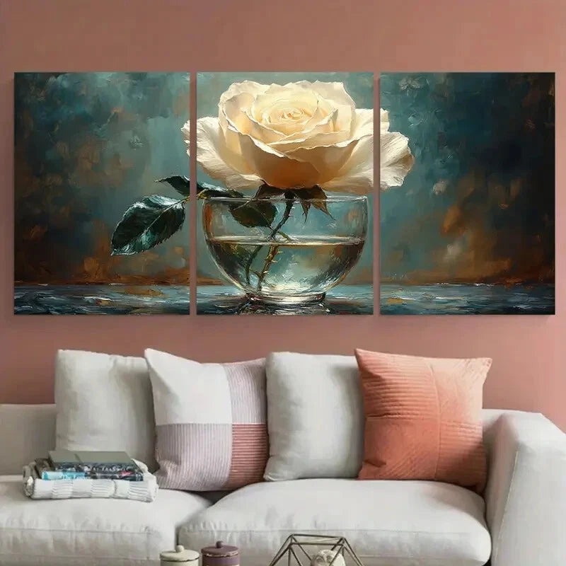 3pcs Still Life of White Rose in a Glass Metal Print Ready to Hang Art - Bella Home Decor