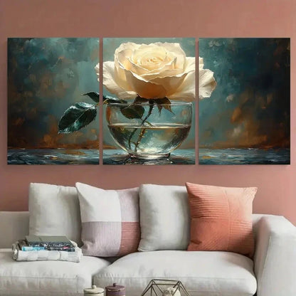 3pcs Still Life of White Rose in a Glass Metal Print Ready to Hang Art - Bella Home Decor