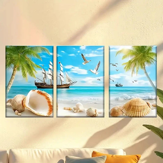 3pcs beach scene with a sail and shells Wall Art Set Canvas Framed 60x90cm - High Quality Print 100% Australian Made Wall Canvas Ready to Hang