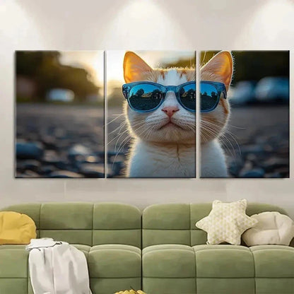3pcs White Cat in Blue Glasses EU Wall Art Set Canvas Framed 50x70cm - High Quality Print 100% Australian Made Wall Canvas Ready to Hang - Bella Home Decor
