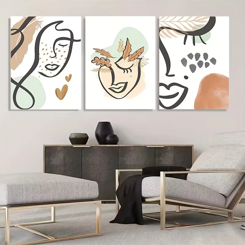 3pcs Bohemian Women'S Faces Black Lines      Wall Art Set Canvas Framed 40x60cm - High Quality Print 100% Australian Made Wall Canvas Ready to Hang - Bella Home Decor