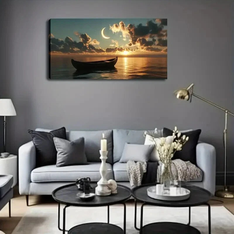 Moonlit Boat And Ocean Scene Wall Art Canvas Office Home Room Framed 120x60cm - Bella Home Decor