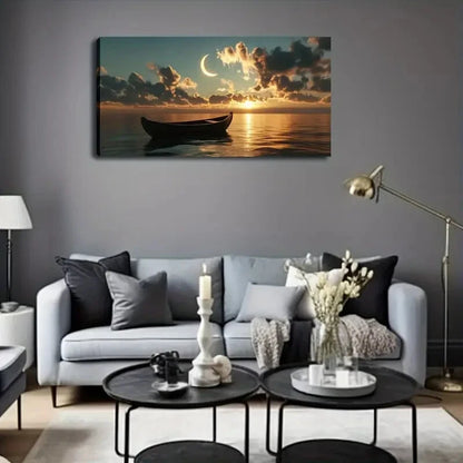Moonlit Boat And Ocean Scene Wall Art Canvas Office Home Room Framed 120x60cm - Bella Home Decor