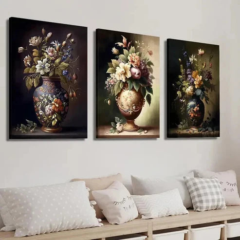 3pcs Artistic Painting of Flowers in Vase Wall Art Set Canvas Unframed - High Quality Print 100% Australian Made Wall Canvas - Bella Home Decor