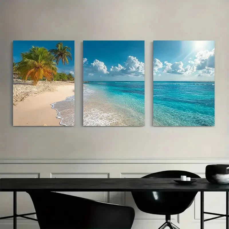 3pcs Beach Scene with Clear Blue Water & Swaying Metal Print Ready to Hang Art - Bella Home Decor