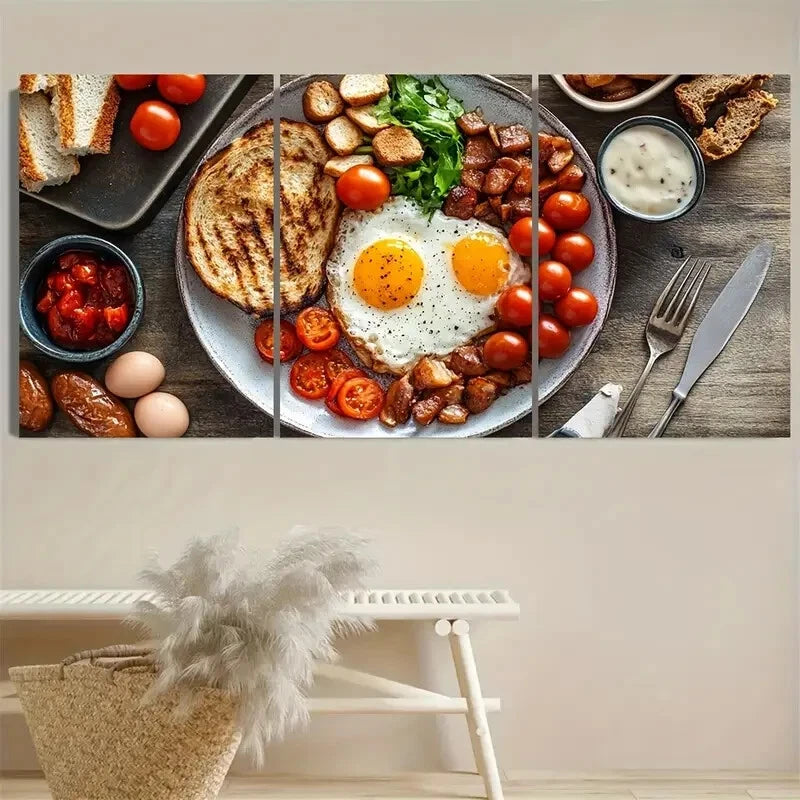 3pcs English Breakfast Food Exhibition Kitchen Metal Print Ready to Hang Art - Bella Home Decor