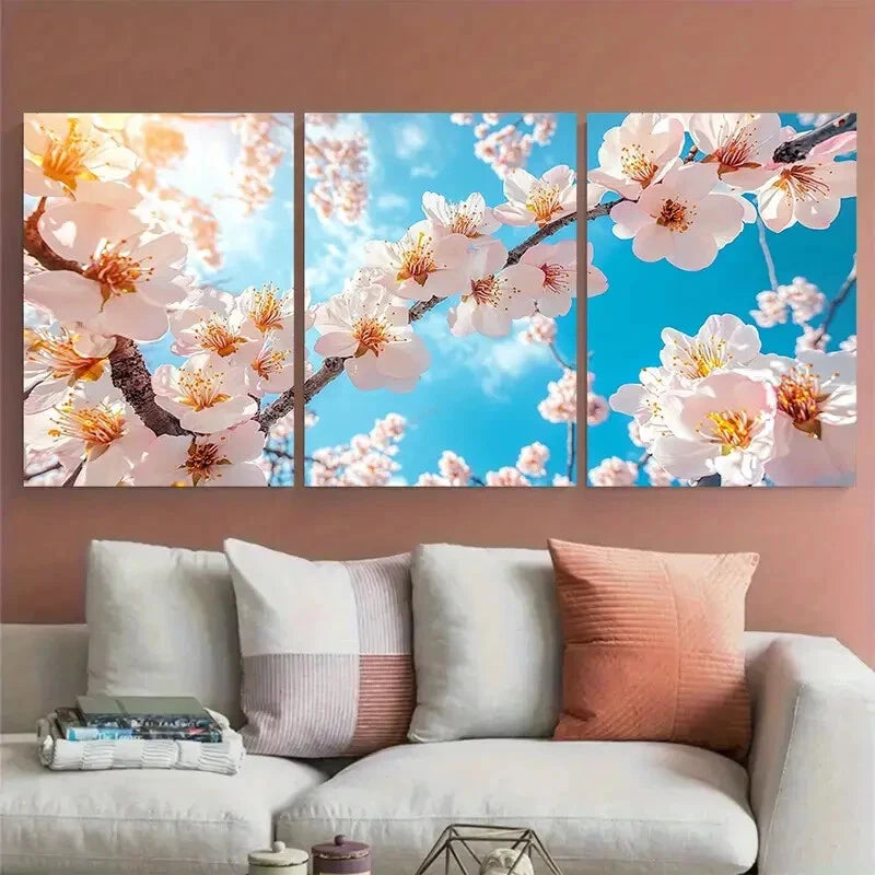 3pcs Blooming Blossom Tree Abstract Blue Sky Metal Print Ready to Hang Art - Bella Home Decor