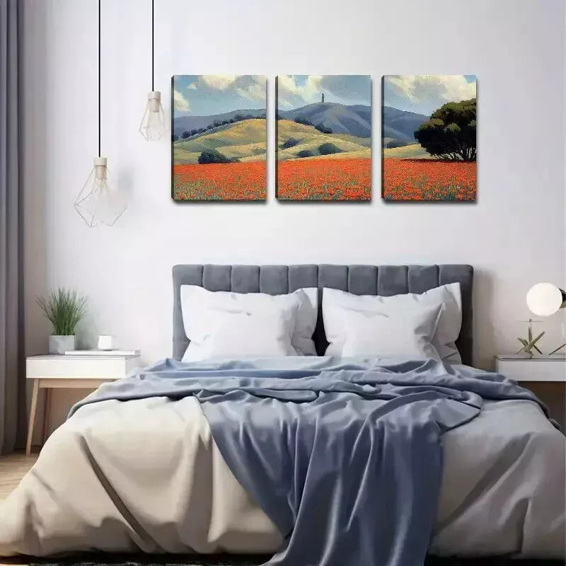 3pcs Mountain & Red Flower Field Sky Wall Art Set Canvas Framed 50x70cm - High Quality Print 100% Australian Made Wall Canvas Ready to Hang