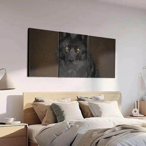 3pcs Black Wolf Staring with Golden Eyes Wall Art Set Canvas Unframed - High Quality Print 100% Australian Made Wall Canvas - Bella Home Decor