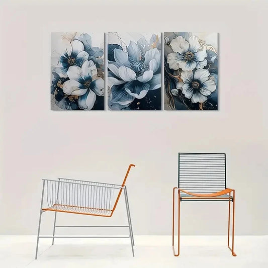 3pcs Blue and White Flowers Decor Metal Print Ready to Hang Art
